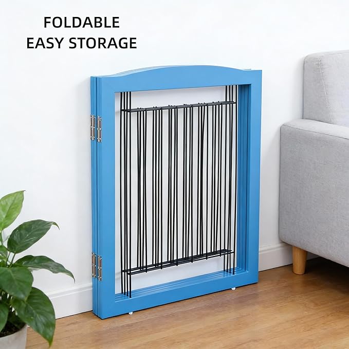 ZJSF Freestanding Dog Fence Indoor, Foldable Dog Gate for Doorways, Stairs or Hallways, Sturdy Wood Extra Wide Pet Gate with Support Feet for The House, Blue, 24 "Height-4 Panels