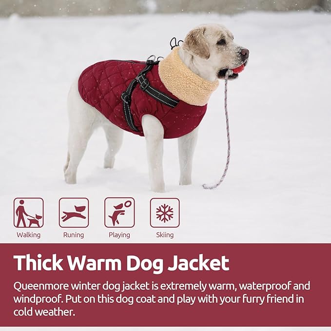 Queenmore Dog Coats for Large Dogs, Dog Jacket, Warm Fleece Winter DogCoat with Harness Built in, Back Zipper Pet Jacket for Large Breeds, Thick Fleece Lining Pet Snowsuit, Burgundy 2XL