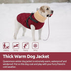 Queenmore Dog Jackets for Medium Dogs, Dog Coat with Harness Built in, Waterproof Pet Winter Coat with Zipper On Back Doggy Snowsuits Warm Soft Pet Jacket for French Bulldog, Poodle, Corgi, Burgundy M