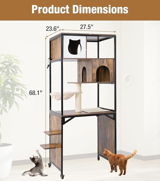Cat Tower with Litter Box Enclosure, Wooden Cat Tree Tower with Scratching Post, Sturdy Metal Frame Cat Furniture with Adjustable Bed & Anti-Tipping Design, Mobile Cat Condo for Indoor Cats