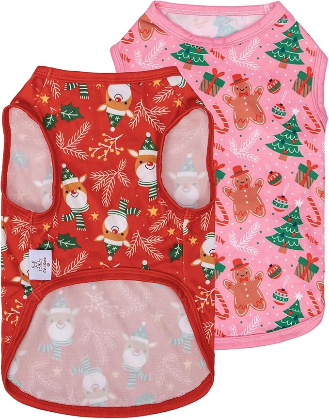 CuteBone Dog Christmas Shirts 2-Pack Soft Pet Clothes Breathable Summer Vest for Small Puppy and Stretchy Cat Apparel 2BX16XS