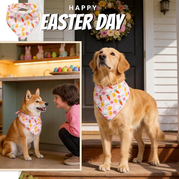 Dog Bandana for Easter Day - Lovely Bunny Carrot Chicken & Daisy Flower Theme, Holiday Pet Costumes Scarf with Adjustable Snap Button, Small to Medium Breeds (5-30lbs)