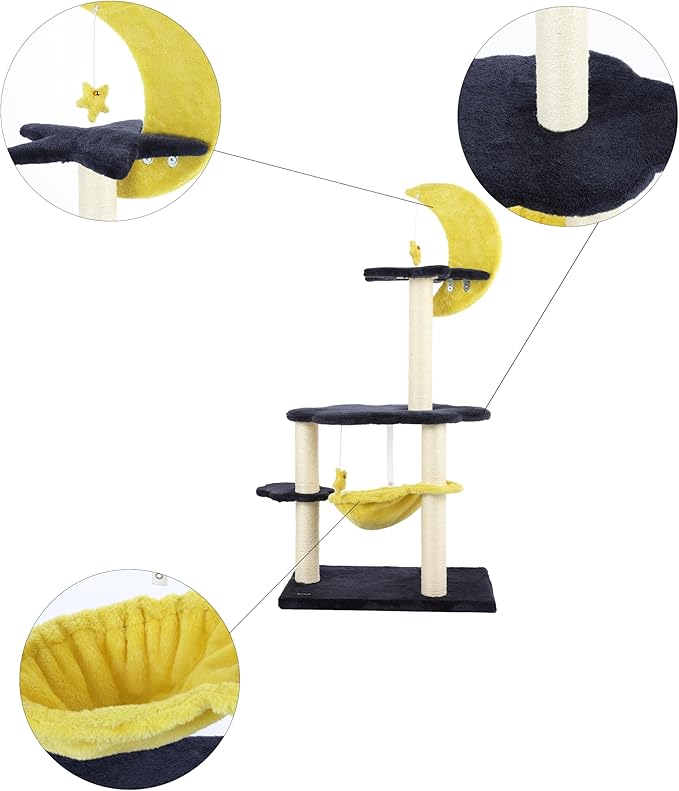 CTR1003A Aurora 49" 3-Tier Modern Sisal Moon and Stars Cat Tree with Scratching Posts, Basket, and Fuzzy Bell Toys, Navy/Yellow/White