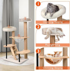 Solid Wood Cat Tree, 40" Tall Wooden Tower for Cats with Scratching Posts, Plush Perch, Large Space Capsule, Platforms, Removable Pads Heavy-Duty Indoor Cat Furniture Toys (Natural)