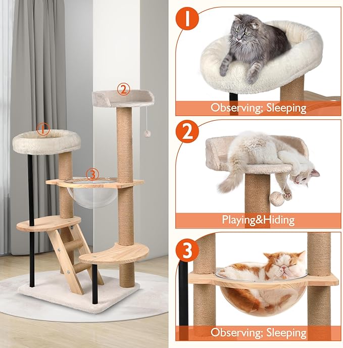 Solid Wood Cat Tree, 40" Tall Wooden Tower for Cats with Scratching Posts, Plush Perch, Large Space Capsule, Platforms, Removable Pads Heavy-Duty Indoor Cat Furniture Toys (Natural)