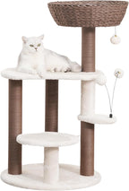 PetPals 5-Level 35" Cat Tree Tower with Paper Handwoven Basket Bed,Multi-Level Climbing Activity Tower with Replaceable Paper Rope Scratching Posts (Cream and Brown)