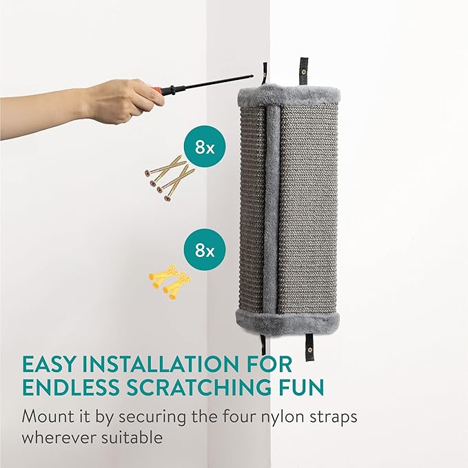 Navaris Wall Mounted Cat Corner Scratcher, Set of 2, Grey - Durable Sisal Cat Scratching Essentials - 4 Nylon Straps for Secure Wall Mounting - Protect Wallpaper and Corners