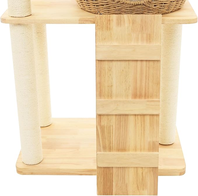Solid Wood Cat Climbing Shelf, Cat Tree All-in-One Cat Shelf, Rattan Cats Nest Scratching Post for Small Households, Double Sided Mat, 33 Lbs Load Bearing, Sisal Wrapped Post