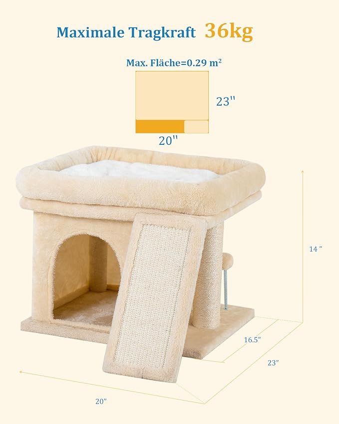 Small Cat Tree Tower for Large Cat, Cat Bed House with Large Perch for Adult Cats, 20 * 16.5 Inch Big Platform for Indoor with Super Cozy Soft Mat, Large Cat Condo with Scratching Post, Beige