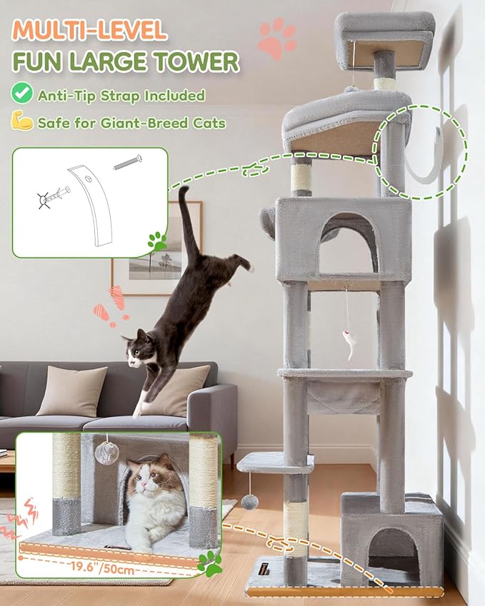 Taoqimiao 79 Inches XXL Cat Tree for Large Cats, for Oversized Cats, Multi-Level Cat Tower, 2 Spacious Cat Condo with 6 Scratching Posts, Hammcock & Cozy Basket, Cat Toys, Light Gray, S10W