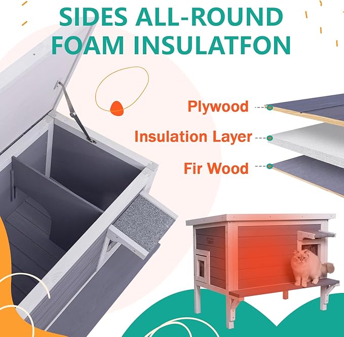 GEGURI Insulated Cat House Outdoor Weatherproof, Large Wooden Feral Cat Shelter for Winter, Wooden Enclosure with Escape Door for Winter Indoor