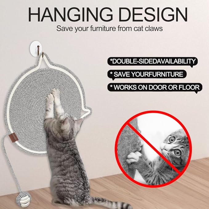 Personalized Cat Scratcher Mat, Customized with Name Text Natural Cotton Rope Round Horizontal Cat Scratching Pads with Ball Toy, Cat Furniture Protector for Wall, Couch, Carpets, Sofa (Black)