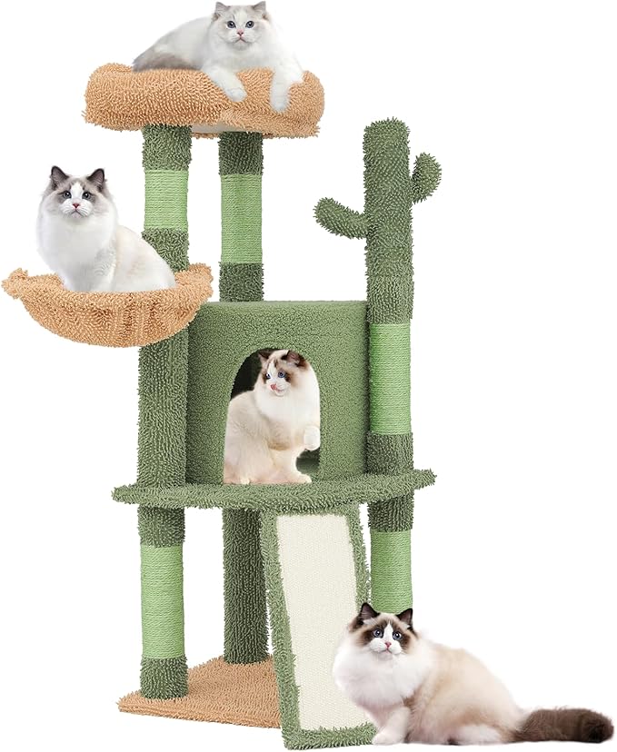 Magshion 42" Cactus Cat Tree, Multi-Level Cat Tower for Indoor Cats with Scratching Posts, Ramp, Top Perch, Side Basket & Platforms, Cat Climbing Tower Kittens Pet Play House