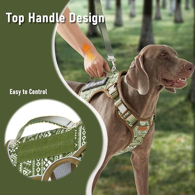 Green Dog Harness for X-Large Dog Breeds, No Pull Adjustable Pet Harness with Handle, Reflective K9 Military Service Dog Vest for Walking Hiking Training, Green Ethnic, XL