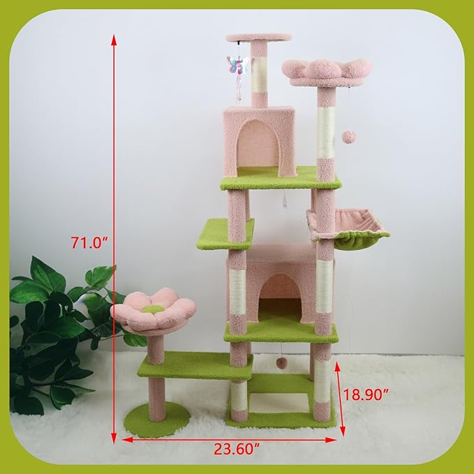 71 inch Flower Cat Tree, Multi-Level Cat Tower with Large Condo Removable Flower Cushion and Hammock, Tall Cat Tree for Indoor Large Cats Climbing, Scratching, and Play (Pink)