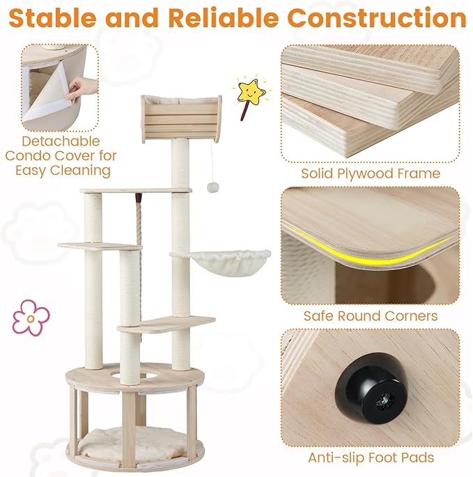 PETSITE 55.5 Inches Wooden Cat Tree, Multi-Level Modern Cat Tower with Scratching Posts, Side Basket, Multiple Jumping Platforms, Hanging Ball and Rope, Top Curved Perch, and Condo