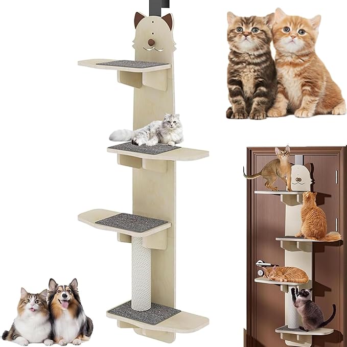 Door Hanging Cat Shelf - Stable & Safe 4-Levels Over The Door Cat Tree Climber with Removable Soft Mat, Vertical Cat Tree Over The Door, Door Cat Shelf for Indoor Cats (A, 59.1" H X 21.6" L X 9.6”w)