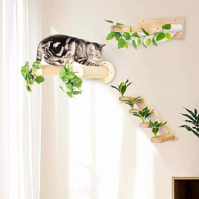 MEOWOOU 3 in 1 Cat Wall Furniture Set, 3 Pack Climbing Shelves Set, Cats Hammock, Wall Climbing Steps, Solid Rubber Wood Wall Shelf Cat Steps and Perches for Sleeping, Climbing, Scratching and Playing