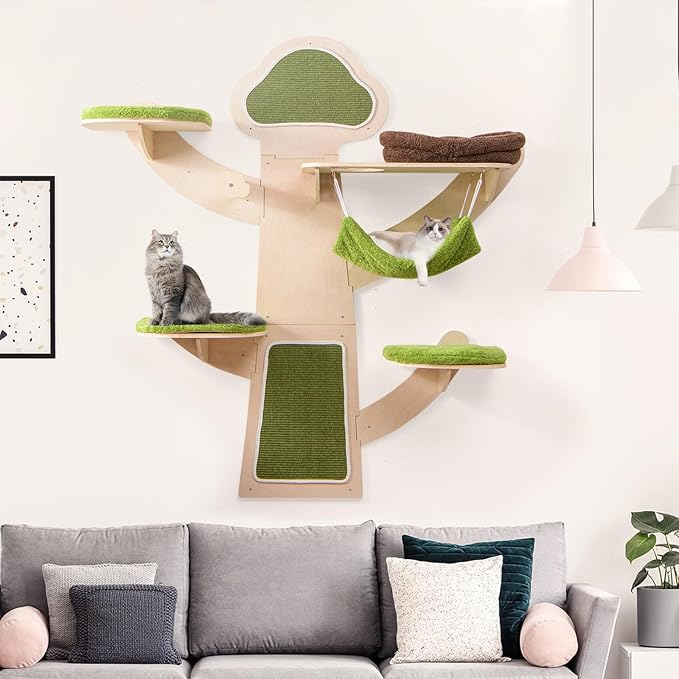 PETSITE 71 Inch Cat Wall Shelves, Tree-Like Wall Mounted Cat Tree Climber Furniture with Sisal Scratching Post and Mats, Perches, Hammock, Bed, Removable & Washable Padded Cushions