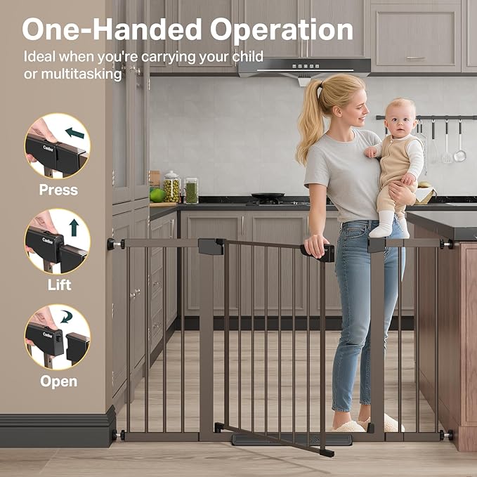 Cumbor 29.7–51.5" Extra Wide Baby Gate for Stairs, Pressure-Mounted Dog Gates for Doorways & Hallways, Auto-Close Walk-Through, No-Trip Design, Child Proof Safety, Dog/Pet Gate for Indoor Use, Brown