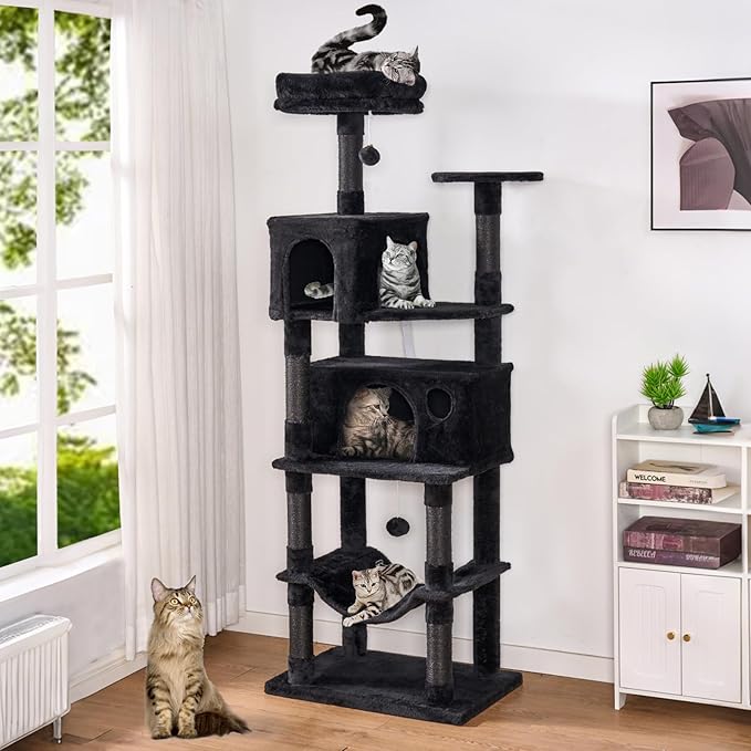 Heavy Duty Cat Tree,67in Multi-Layered Tall Cat Tower for Indoor Large Adult Cats,XL Compact Cat Stand with Hammock,Sisal Scratching Post,Removable Plush Perch,Condo,Dark Gray (Black)