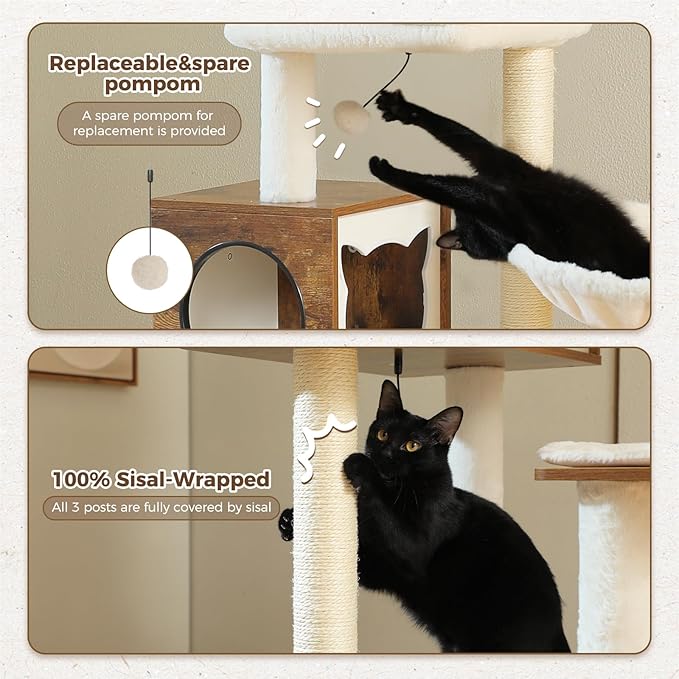 PETEPELA Cat Tree with Litter Box Enclosure, 2-in-1 Wood Cat Tower for Indoor Large Cats, 57.5'' Cat Condo with Scratching Posts, Cozy Hammock and Repalcable Dangling Balls, Brown