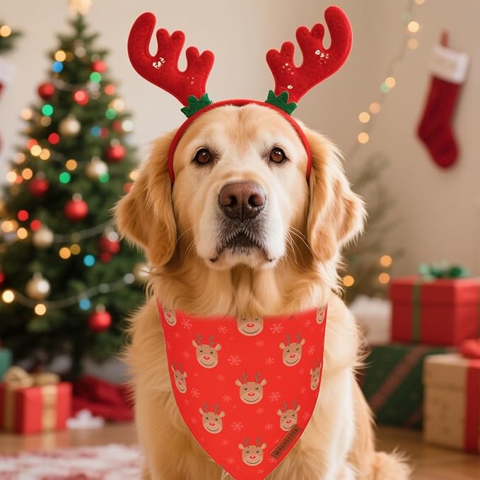 ADOGGYGO Red Christmas Dog Bandanas, Santa Reindeer Print Pet Scarf, Premium Durable Fabric, Red Christmas Bandanas for Extra Large Dogs (X-Large)