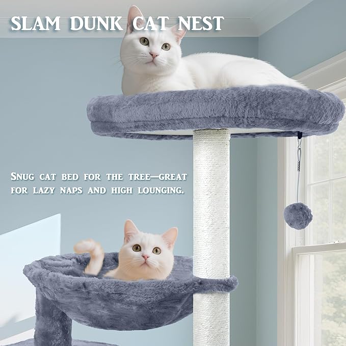 Cat Tree with Cat Condo and Hammock,Cat Tower with Self-Grooming Brush,Toy Balls,Scratching Posts and Scratching Pads,Cat Tree Tower for Indoor Cats,Grey
