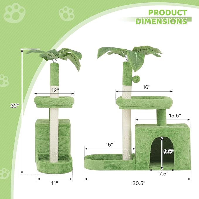 Magshion 32" Cat Tree for Kittens and Senior Cats, Small Cat Tower with Green Leaves, Scratching Posts, Cozy Condo, Low Perch & Fluffy Balls, Stable Cat House with Leaf Design