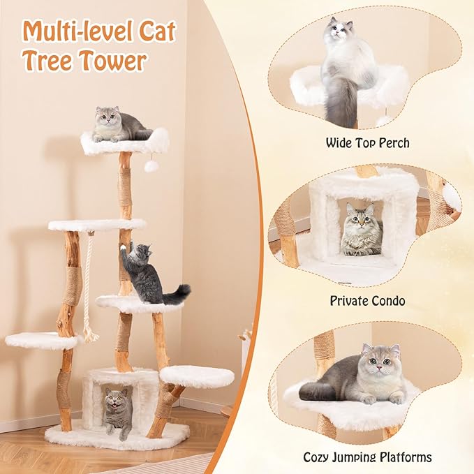 PETSITE 66 inch Tall Wooden Cat Tree Tower, Multi-Level Cat Tower with Jute Scratching Posts, Sisal Rope, Cat Condo, and Dangling Ball, Soft Long Plush, Modern Cat Tree for Indoor Cats Large Adult