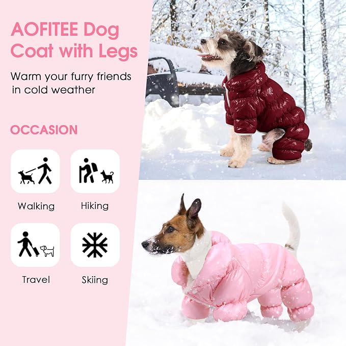 AOFITEE Dog Coat, Dog Winter Jacket, Fullbody Dogs Winter Coat Snowsuit, Waterproof Pet Puffer Jacket Snow Suit with Legs, Pet Fleece Vest, Cold Weather Coats for Small Dogs, Christmas Red L