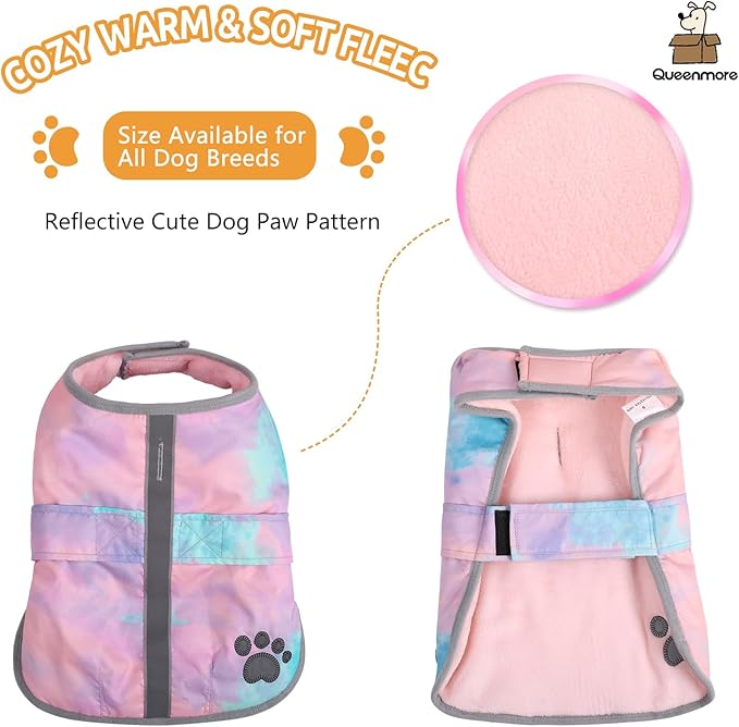 Queenmore Dog Winter Coat, Cold Weather Polyester Jacket for Dogs, Waterproof Reflective Reversible, for Small, Medium and Large Dogs (Tie-Dye, M)