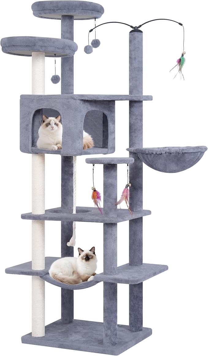Big Cat Tree, Cat Tower with Multi-Level Condo, Hammocks, Rotating Toy (Grey, 63.4'')