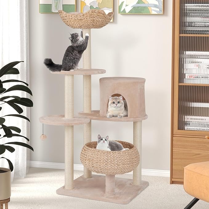 Tangkula Modern Cat Tree, 58 Inch Cat Tower with Sisal Scratching Posts, Condo, Cattail Plush Perch, Basket Cat Bed, Dangling Ball, Removable & Washable Cushions, Aesthetic Cat Tree for Indoor Cats