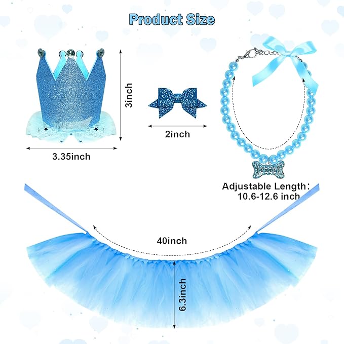 Dog Birthday Party Supplies Dogs Cats Birthday Costume Set Blue Tutu Skirt Dog Cat Birthday Hat Necklace for Puppy Dog Halloween Birthday Wedding Party Costume (Blue)