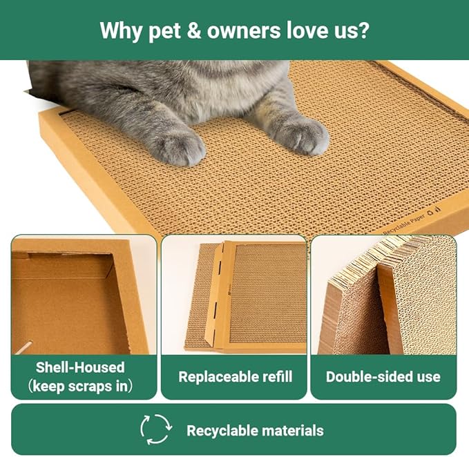 Cat Scratching Pad Board, Refillable and Combinable Corrugated Cat Scratchers for Indoor Cats, Double-Sided and Recyclable Cardboard (2Refill+2Pack)
