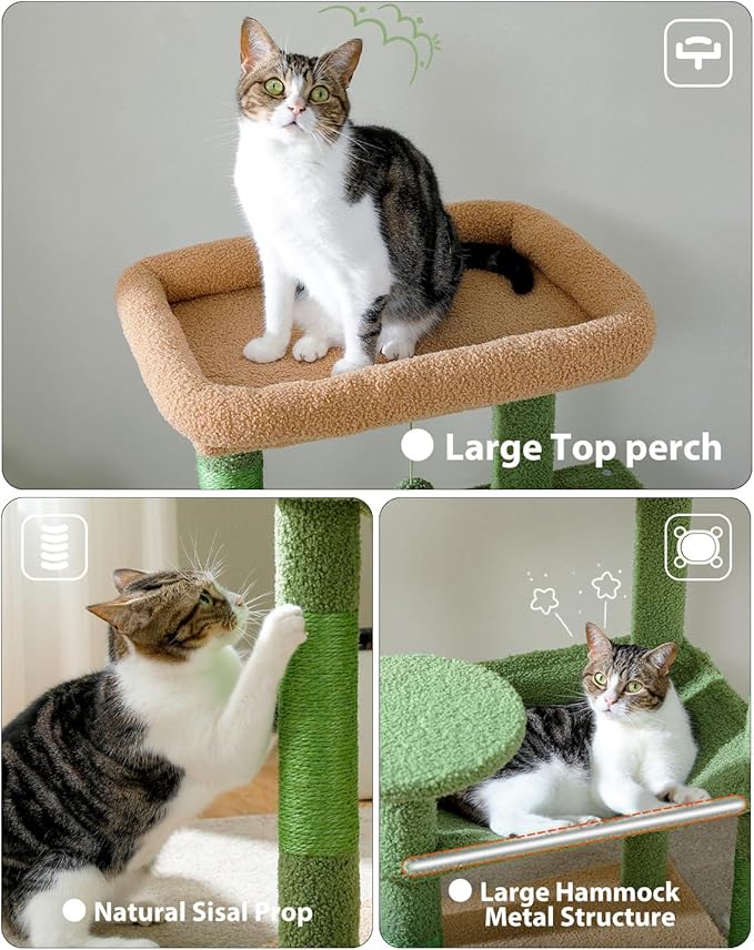 PEQULTI Cat Tree for Large Cats with Metal Frame Big Hammock, Cat Tower for Indoor Cats with 2 Door Condo House, [56.3"=143cm] Multi-Level Cat Shelves with Scratching Posts and Top Perch, Cactus Green