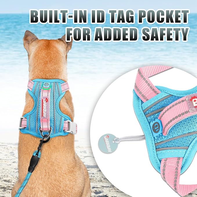 BARKBAY No Pull Dog Harness Large Reflective Dog Harness with Front Clip and Easy Control Handle for Walking Training Running with ID tag Pocket(Baby Blue & Baby Pink,XS)