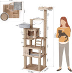 Wood Cat Tree for Indoor Cats, 72" Tall Cat Tower for Large Cat with Scratching Post Condos Perches and Capsule Nest Modern (Beige)
