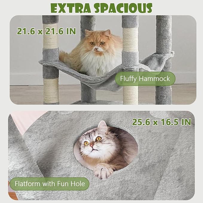 Tall Cat Tree 78.8in, Patent Fabric Multilevel Cat Tower for Adult Cats, Climbing Tree House and Towers with Condo Hammock Scratching Post Large Platform Wide Base