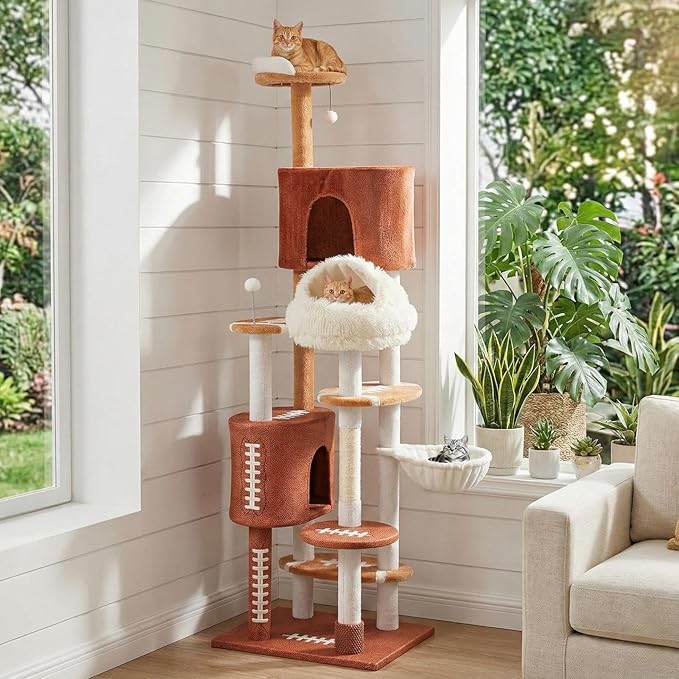 Erinnyees 74" Extra Large Football Cat Tree Tower for Indoor Cats, Multi-Level Sports Themed Cat Condo with Sisal Scratching Posts & Hammocks, Heavy Duty Tall Pet Furniture Gifts for Fans