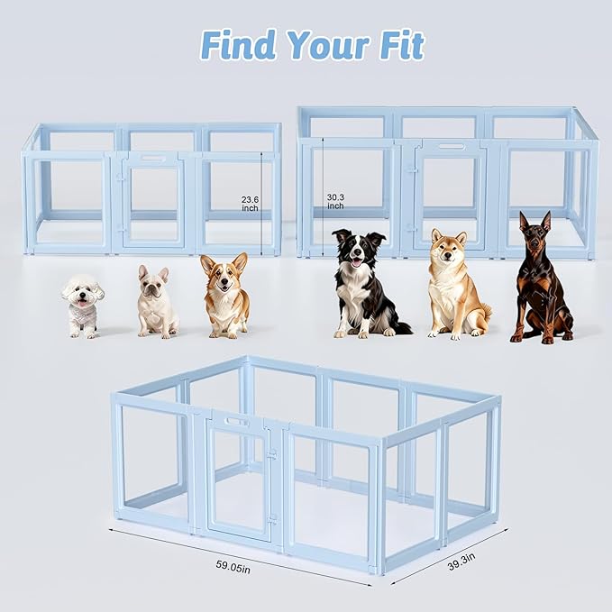 DIY Clear Acrylic Dog Playpen House,Quick Easy Assembly and Disassembly,Strong Floor Suction,Indoor and Outdoor Use,Easy Cleansing Puppy Fence (Sky Blue, 30.3" H, 10PCS)