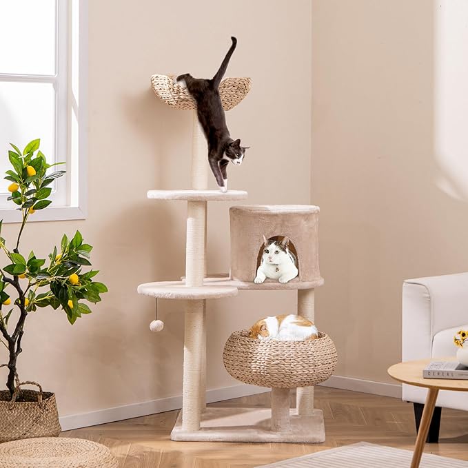Tangkula Modern Cat Tree, 58 Inch Cat Tower with Sisal Scratching Posts, Condo, Cattail Plush Perch, Basket Cat Bed, Dangling Ball, Removable & Washable Cushions, Aesthetic Cat Tree for Indoor Cats