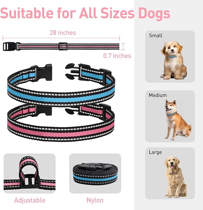 Collar Replacement Strap Compatible with Dog Training Collar Receiver/Dog Shock Collar Receiver/Dog Bark Collar, Reflective Dog Collars Strong, 2 Piece Set, Pink & Blue