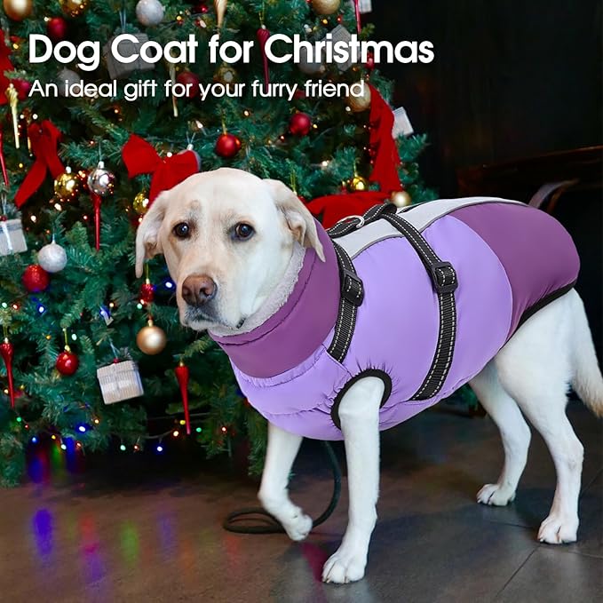 SUNFURA Dog Winter Coat, Warm Dog Coat with Harness for Medium Dogs Boys Girls, Reflective Fleece Lined Pet Winter Jacket Snowsuit for Pug, Jack Russel, Schnauzer, Purple M