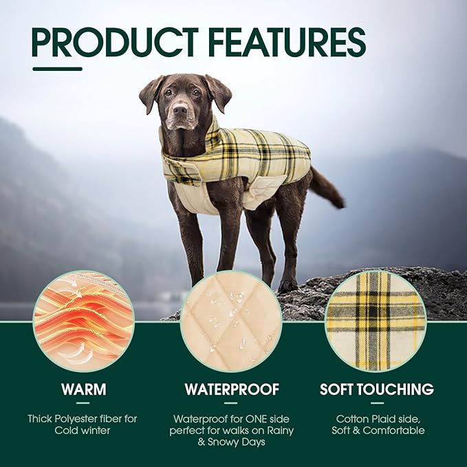 Kuoser Warm Dog Coat, Waterproof Dog Jacket for Extra Large Dogs, Adjustable Durable XXL Doggie Winter Coat Reversible Puppy Cold Weather Apparel from Small to Large Breed, Yellow XXL