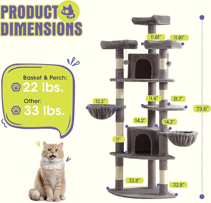 WEEWAY 73in Multi-Level Cat Tree with a Fan-Shaped Base, 2 Cozy Condos, 2 Hanging Baskets, Unique Perch, Sisal Scratching Posts, Hanging Balls, Ideal for Multiple Indoor Kitties, Grey
