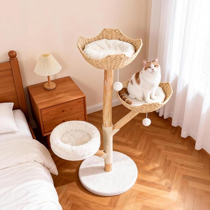 Wood Modern Cat Tree Tower for Large Cats, 47" Tall Cat Climbing Tower with Scratching Post, Luxury Cat Tree for Indoor Cats Large Adult, White