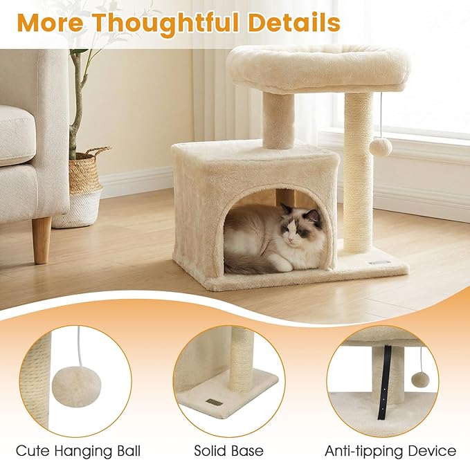 PETSITE 19.5-inch Small Cat Tree, with Sisal Scratching Post, Interactive Hanging Ball, Comfy Condo, and Spacious Top Perch, Ideal for Indoor Cats and Kittens (Beige)