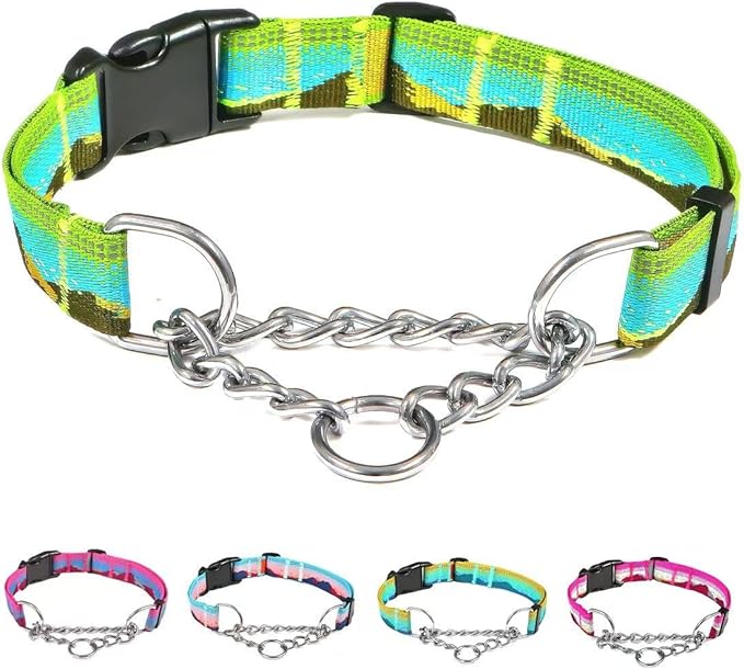 Martingale Dog Collars with Stainless Steel Chain, Reflective No Pull Walking Training Collar with Quick Release Buckle, Adjustable Slip Chain Nylon Dog Collars for Small Medium Large Dogs